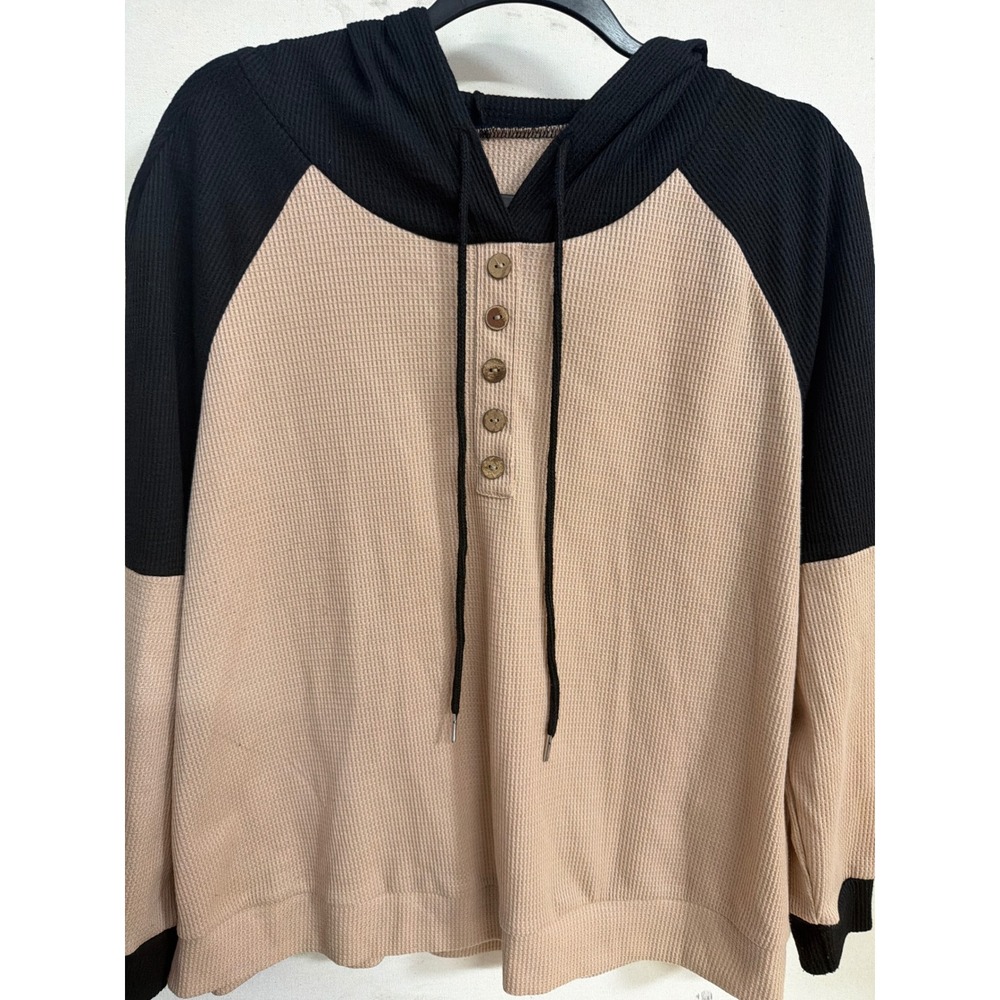 Waffle Knit Colorblock Henley Hoodie Tan Black Raglan Thermal Pullover Top